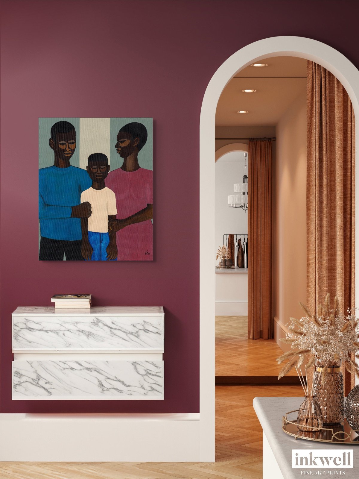 'The Family' stretched canvas: Depicts an African American family, with parents encircling their child, set against a warm-toned background, symbolizing togetherness.