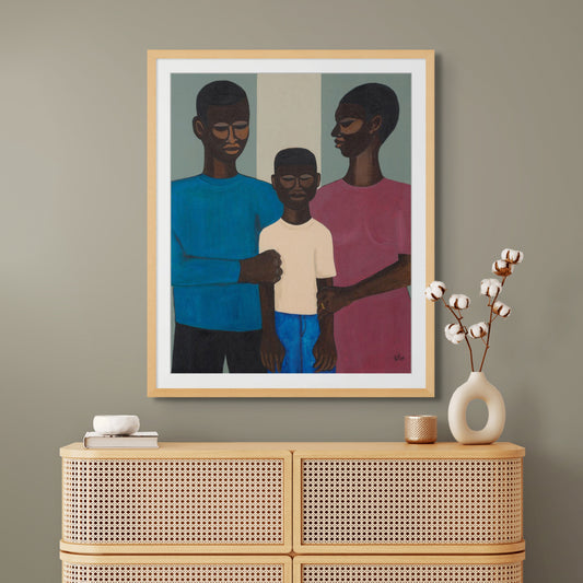 african american art print The Family framed in a light  oak wood