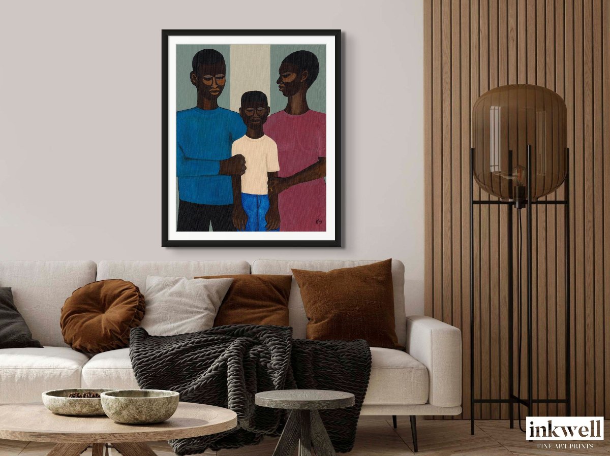 'The Family' print: Black family in a unified stance, featuring a child flanked by parents, conveying themes of protection and historical reflection.