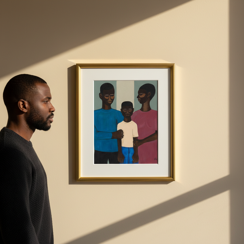 The Family giclee print, editorial shot with viewer for scale, gold frame — Black family portrait art