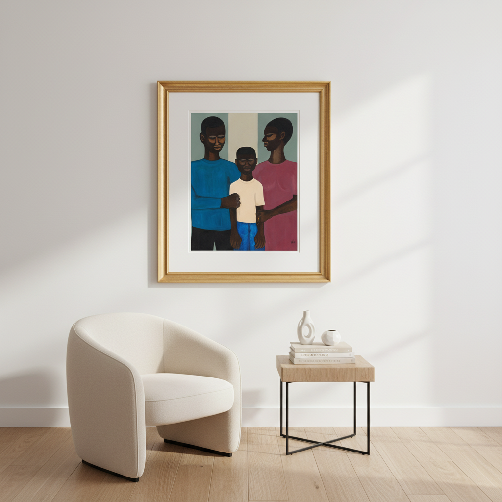 The Family giclee print in a modern living room, gold frame — Black family portrait art