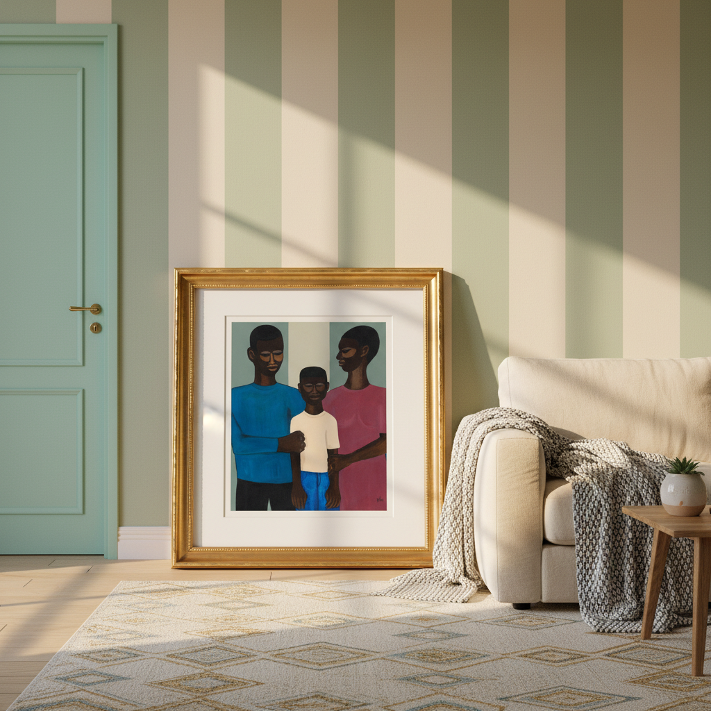 The Family giclee print in a pastel-corner setting, gold frame — Black family portrait art
