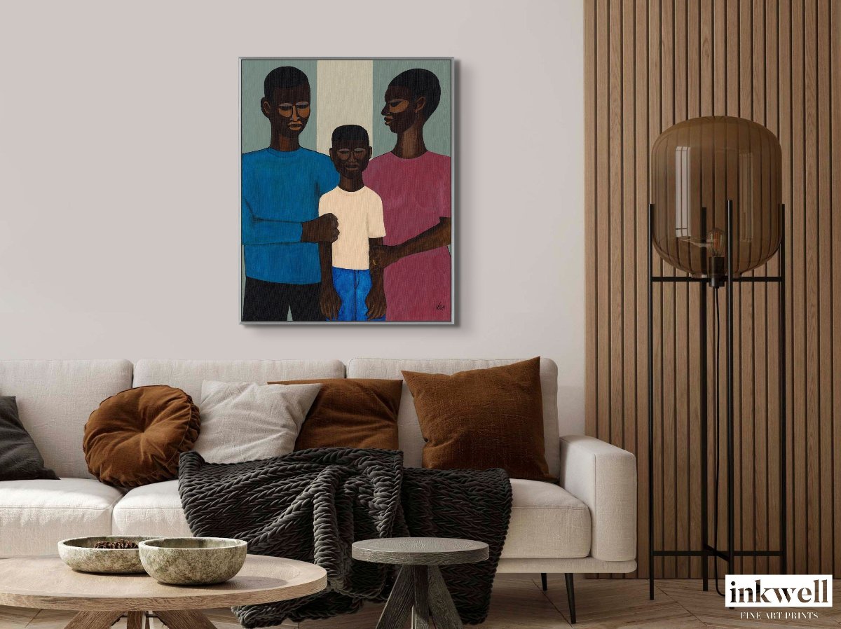 'The Family' framed art on canvas: Depicts an African American family, with parents encircling their child, set against a warm-toned backdrop, symbolizing heritage and togetherness.