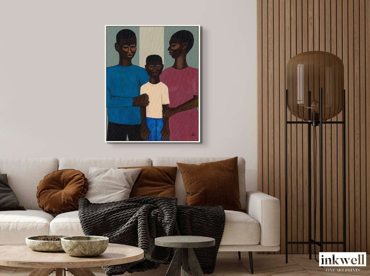 'The Family' framed stretched canvas print: Black family in a stylized depiction, with simplified features and a protective embrace, framed to enhance the depth and meaning of the artwork.