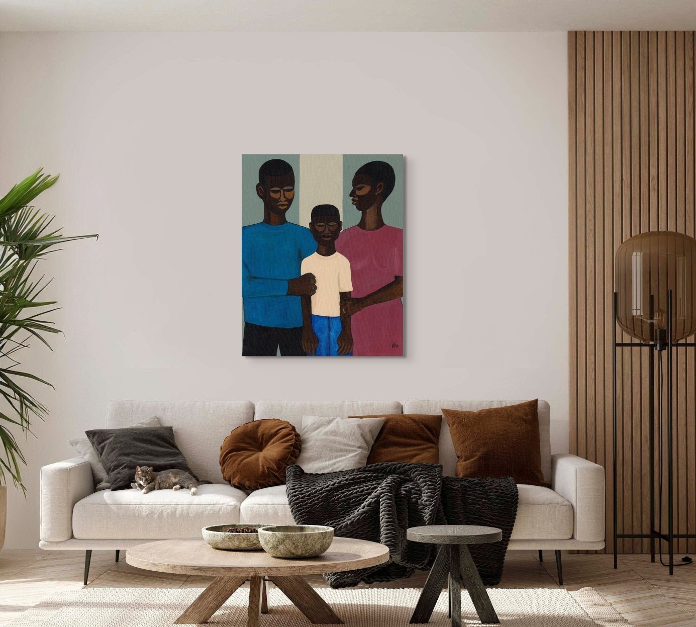 'The Family' stretched canvas print: African American family in a stylized embrace, with two adults and a child, set against a muted background, symbolizing unity and resilience.