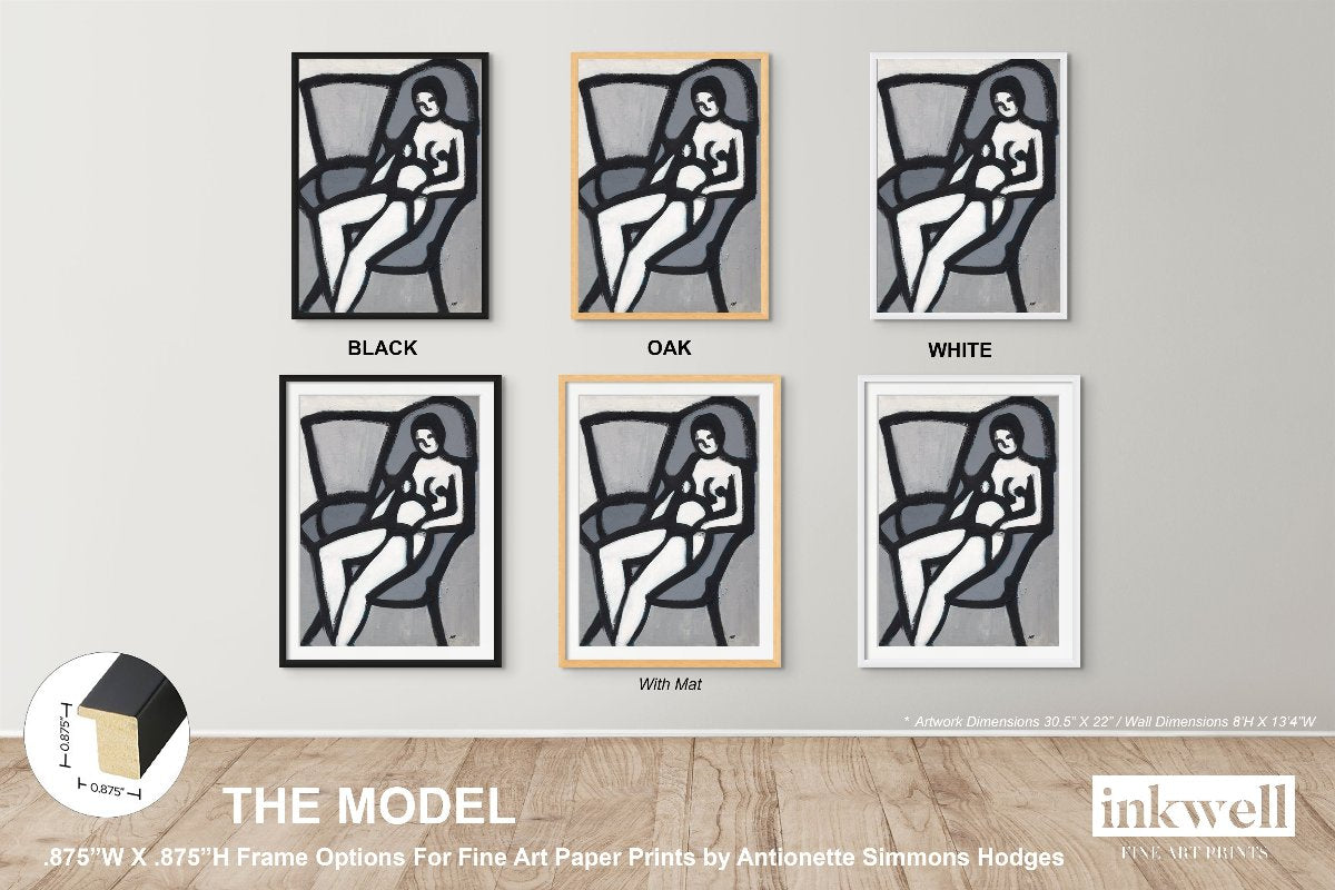 'The Model' framed artwork: Expressionistic painting of a seated female figure, rendered in shades of black and gray with bold brushstrokes, elegantly framed. shown in black, oak, and white wood frame.