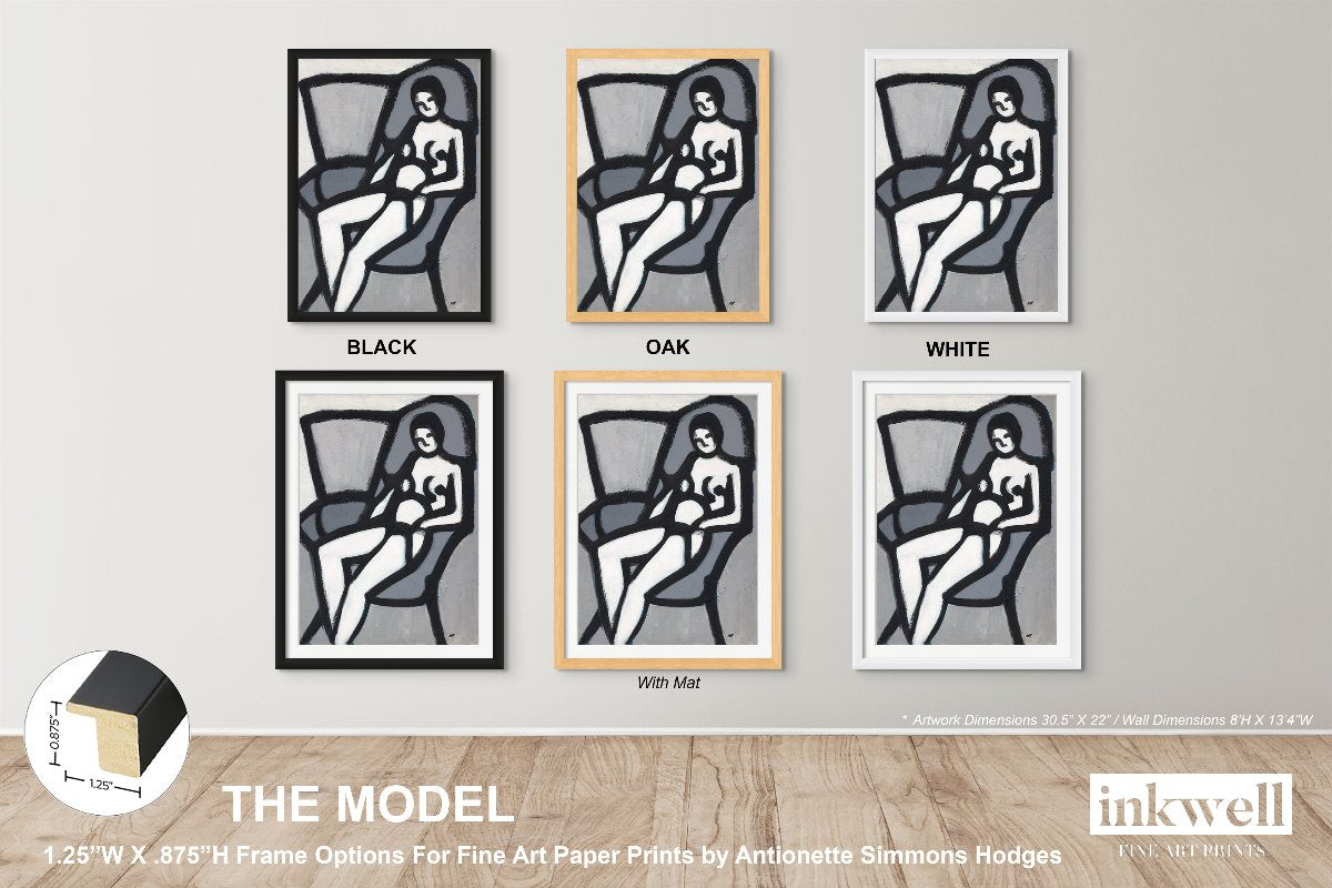 'The Model' print in frame: Abstract female figure in a chair, painted in monochrome with thick, expressive brushstrokes, set within a classic frame. shown in black, oak, white wood frame