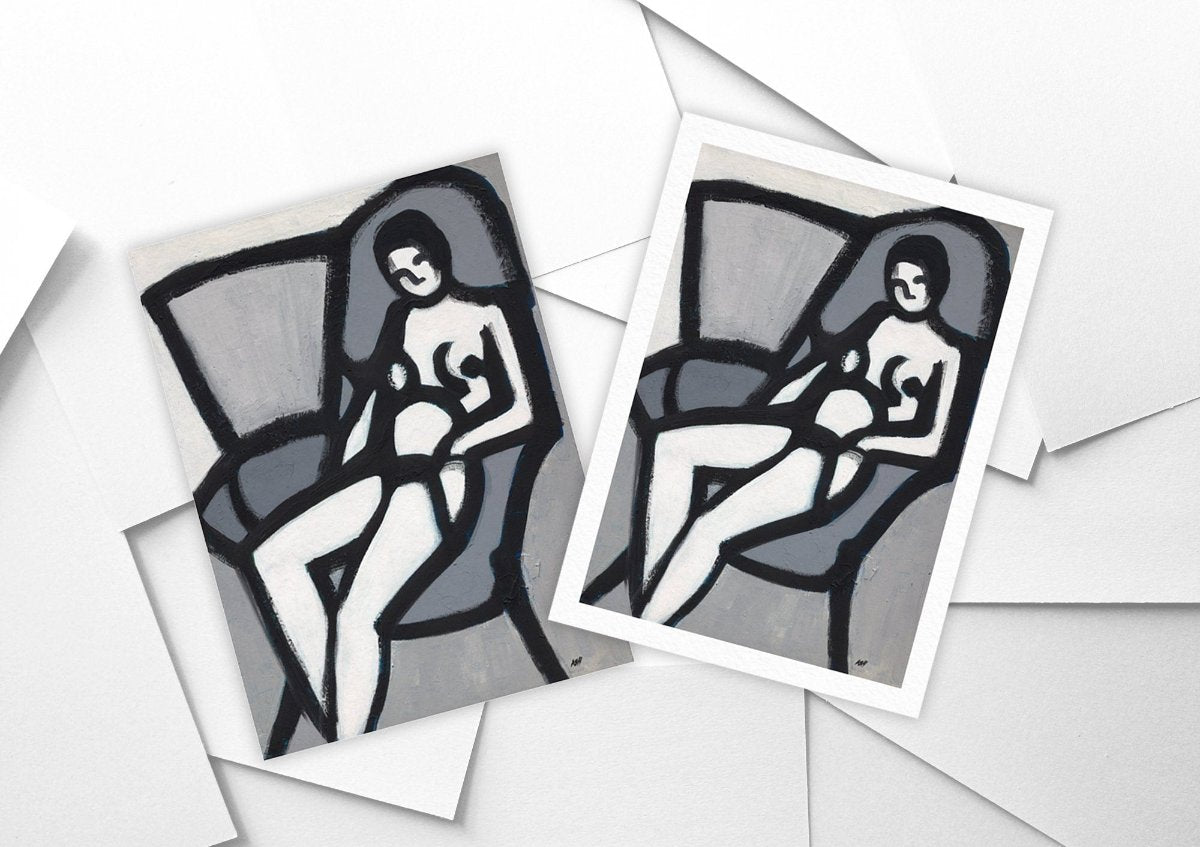 The Model' fine art print: Semi-abstract depiction of an elongated female figure seated in a chair, painted in black and white with gestural brushstrokes, conveying modern expressionism.