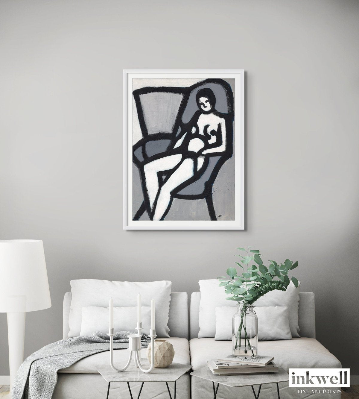 'The Model' fine art: Semi-abstract painting of a seated female nude, using black and white tones and geometric forms to convey energy and movement.