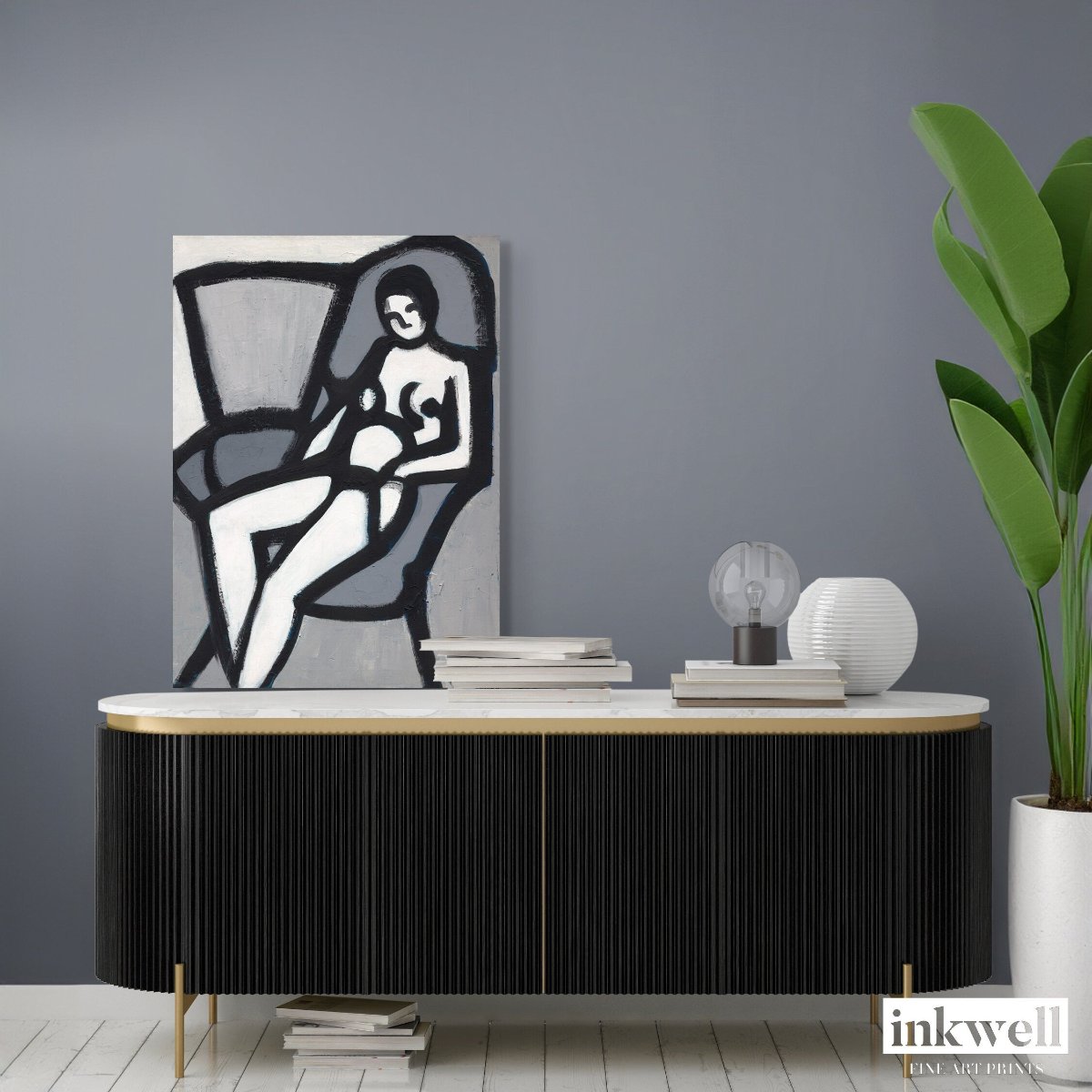 'The Model' artwork on canvas: Expressionistic portrayal of a female nude, featuring angular forms and thick brushstrokes in a monochromatic palette.