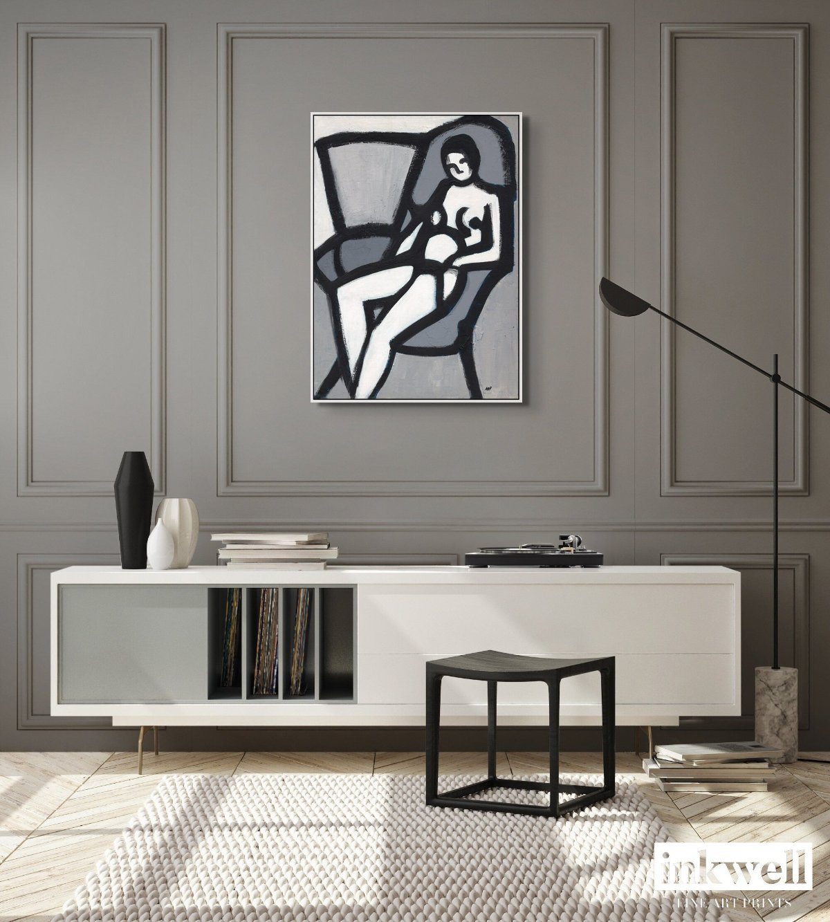 'The Model' canvas with frame: Semi-abstract painting of an elongated female figure, featuring dynamic brushwork and a monochromatic palette, elegantly framed.