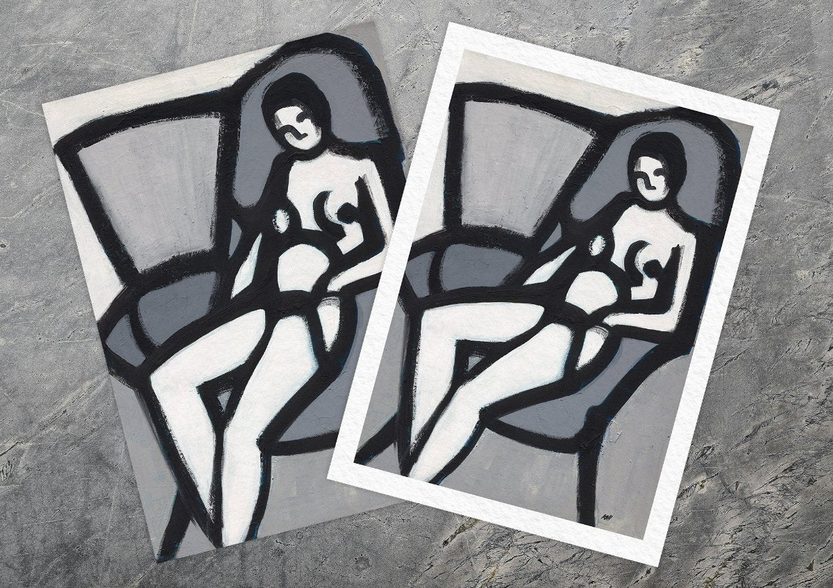 'The Model' fine art print: Black and white semi-abstract painting of a female figure, featuring angular forms and dynamic brushwork, capturing a bold expressionistic style.