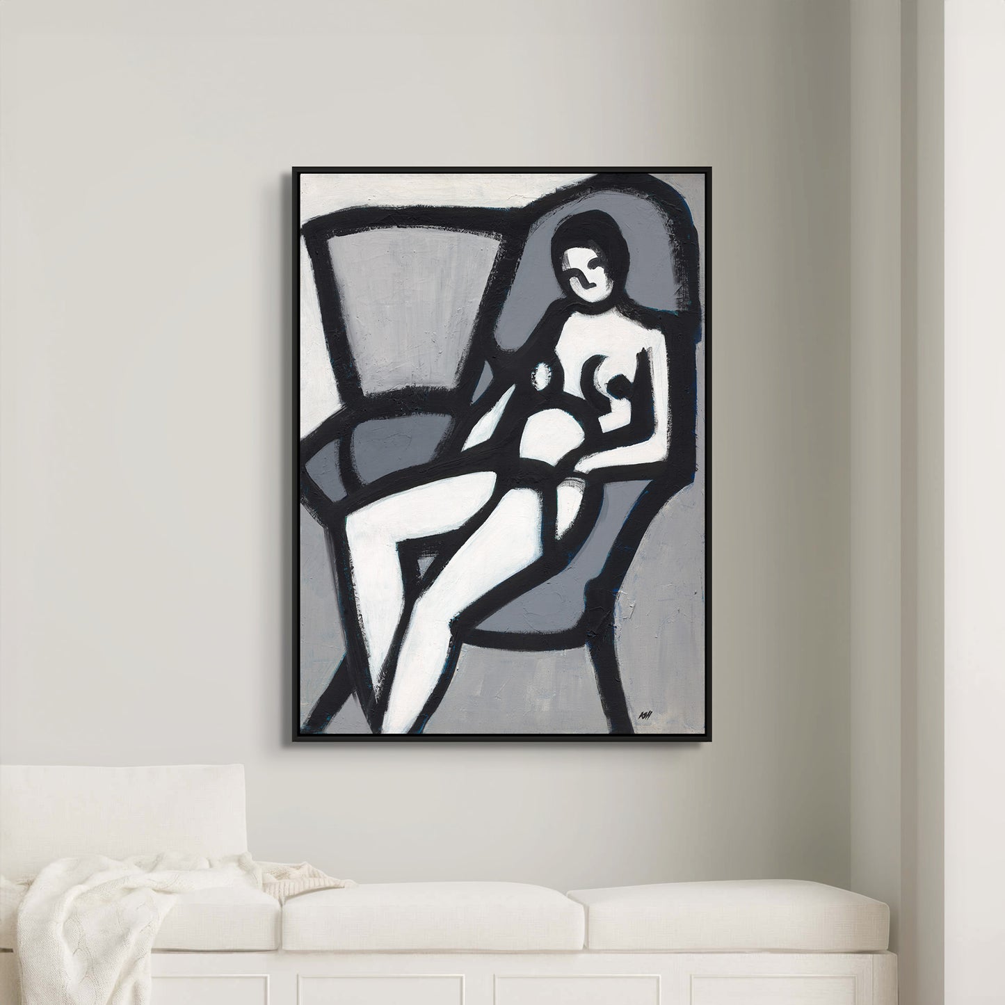 The Model framed canvas print by Antionette Simmons Hodges. Depicts a stylized, elongated female nude figure seated in a chair, rendered in black and gray tones with bold geometric forms. Celebrates artistic expression and modernist style.  African american artwork