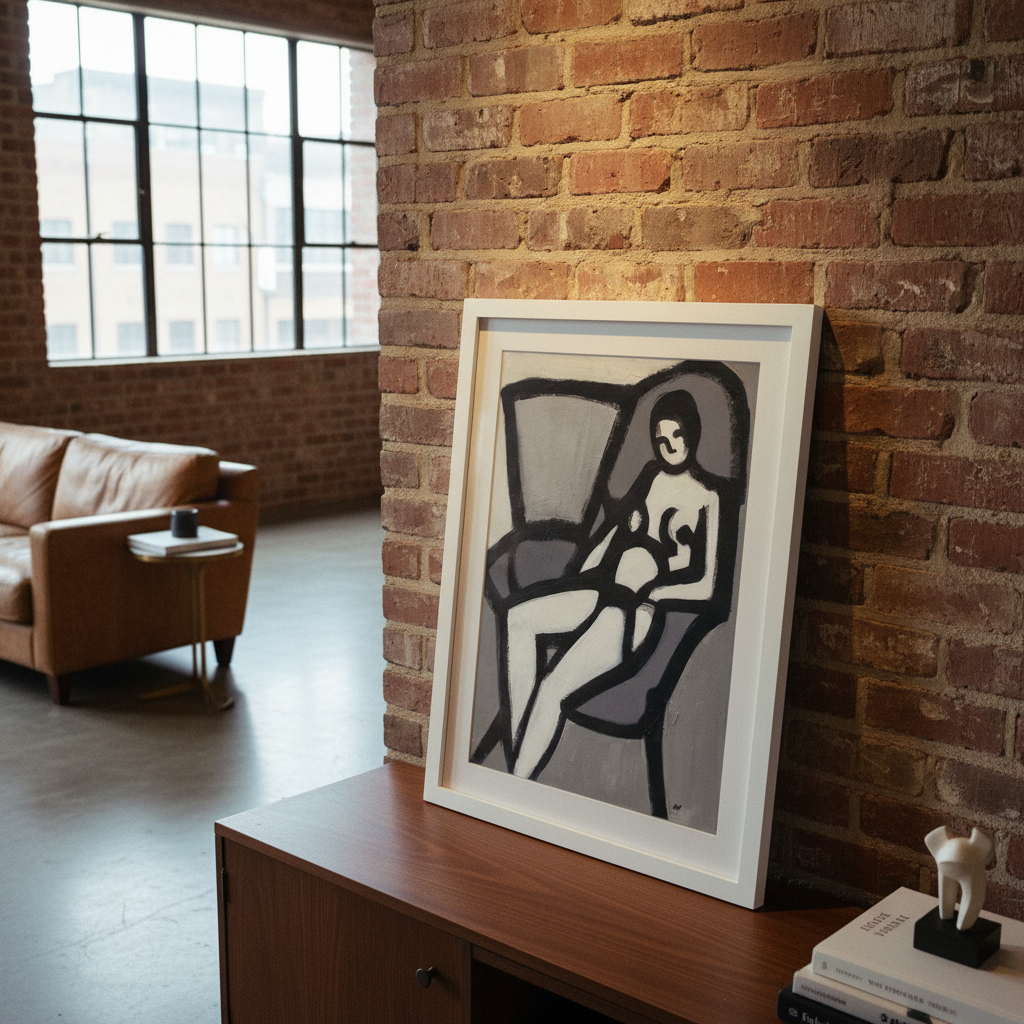 The Model framed giclee print in white frame on loft credenza, high-angle view — vintage Black figurative art