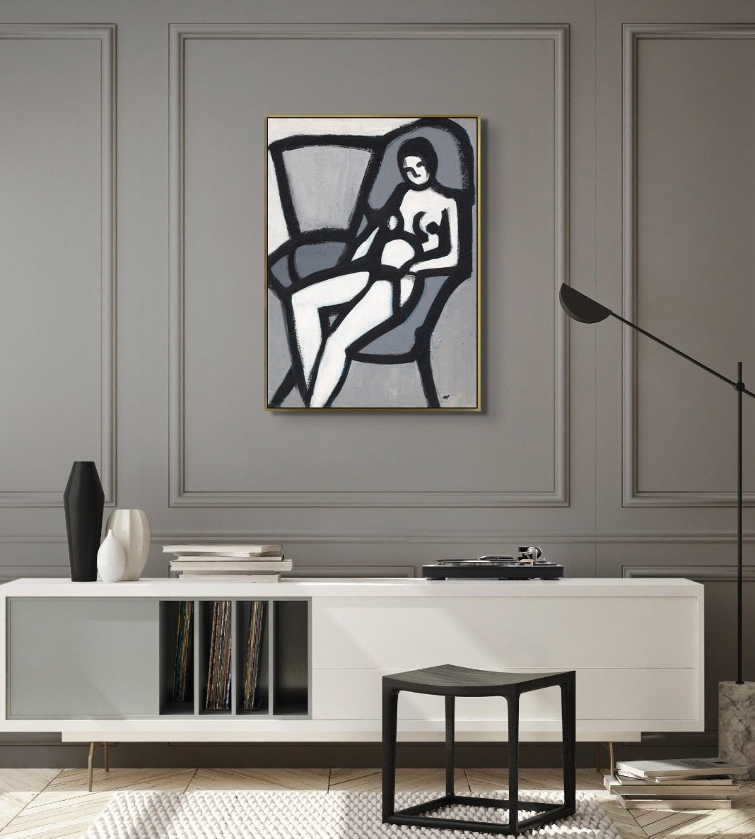 'The Model' framed stretched canvas: Semi-abstract black and white painting of an elongated female figure seated in a chair, with dynamic brushstrokes, elegantly framed."