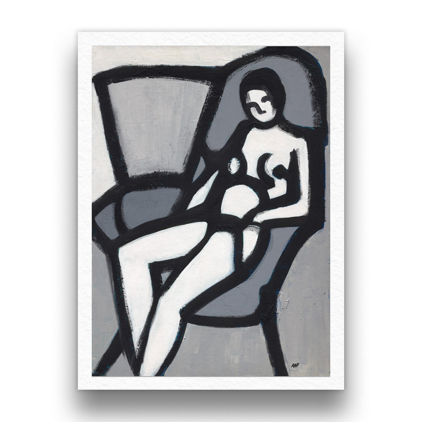 Fine art print 'The Model' by Antionette Simmons Hodges. A semi-abstract portrayal of a stylized female nude in black, white, and gray, showcasing dynamic brushwork and geometric forms, highlighting modern expressionistic style.