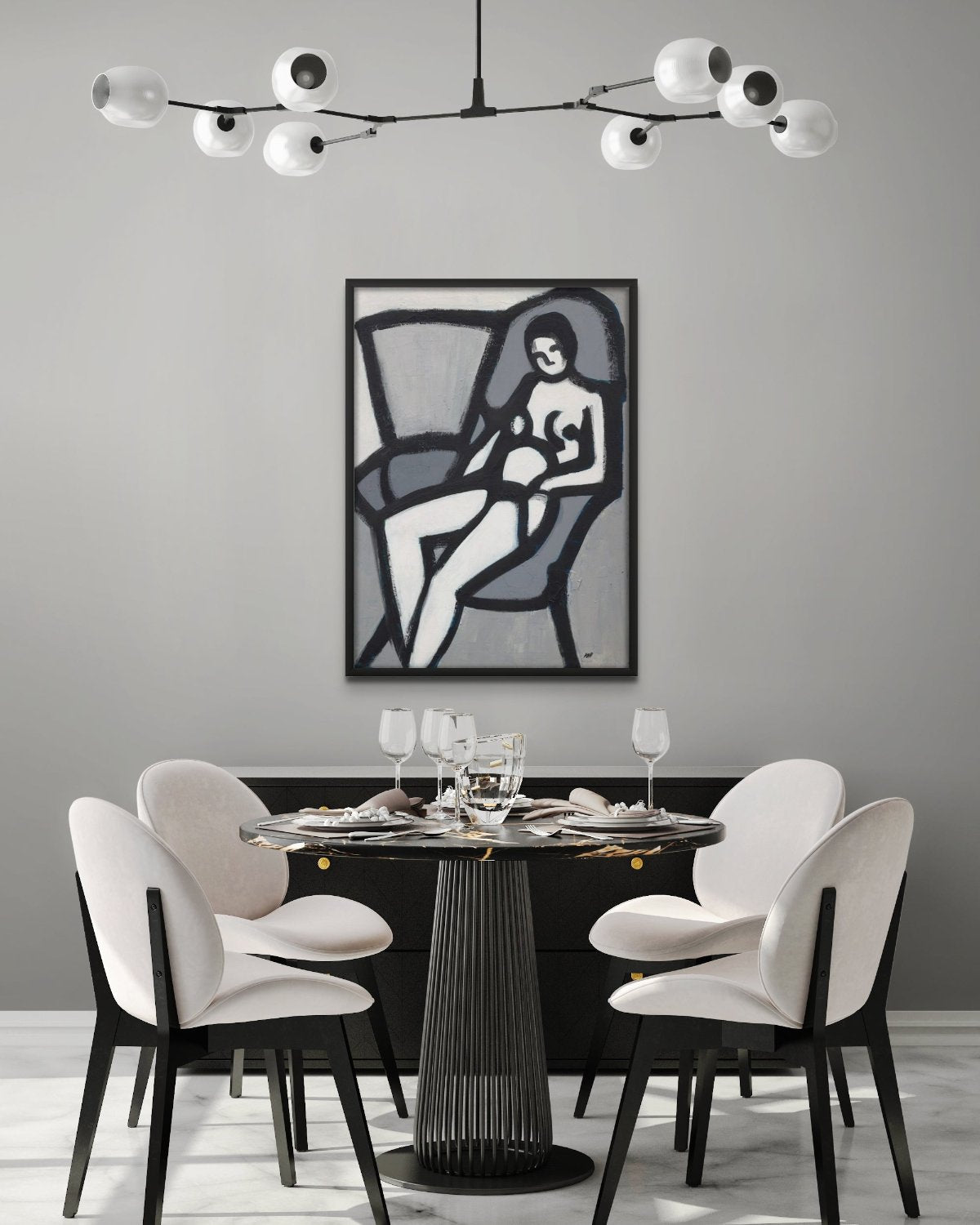 'The Model' framed art print: Black and white semi-abstract figure seated in a chair, featuring dynamic brushwork and angular forms, set within a sophisticated frame.