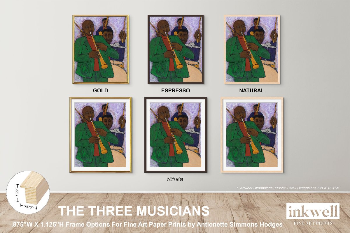 'The Three Musicians' framed fine art: Three figures playing jazz instruments, featuring elongated forms and vibrant hues, elegantly framed to enhance the artwork.