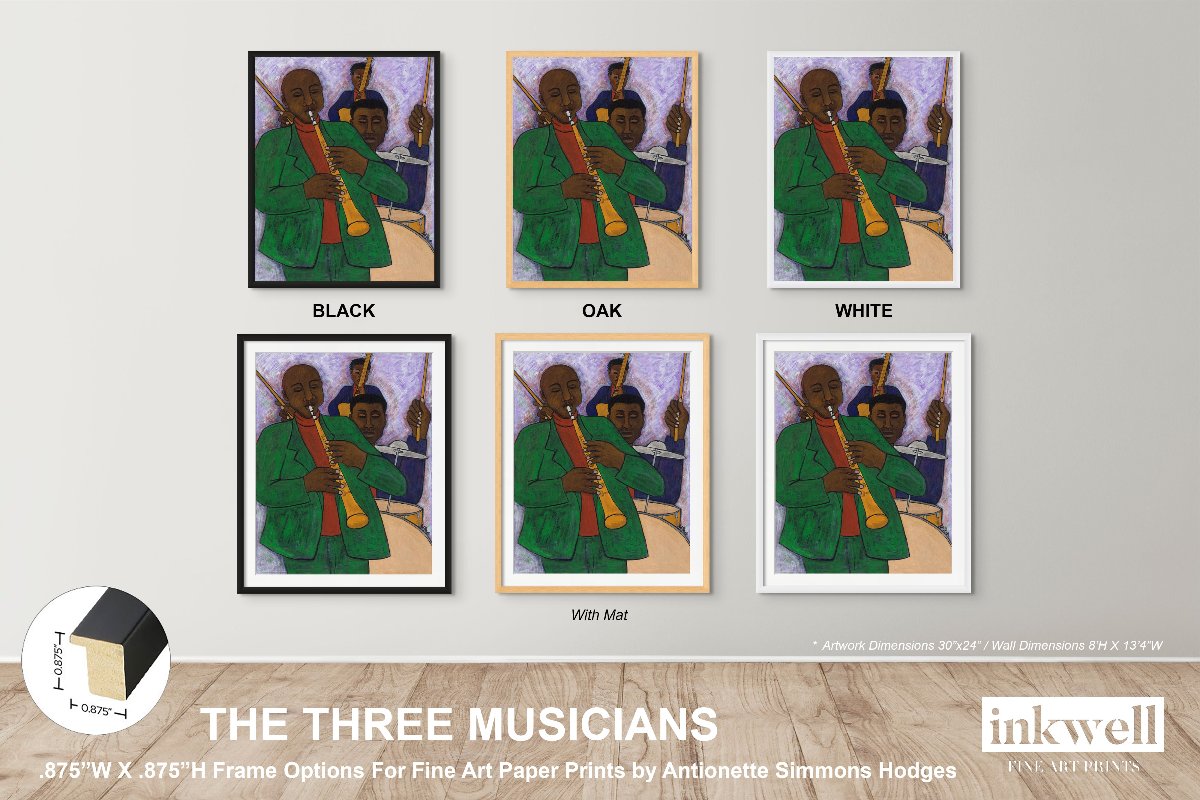 'The Three Musicians' framed artwork: Jazz musicians with elongated figures and warm color harmonies, capturing the energy of a performance, framed for display.