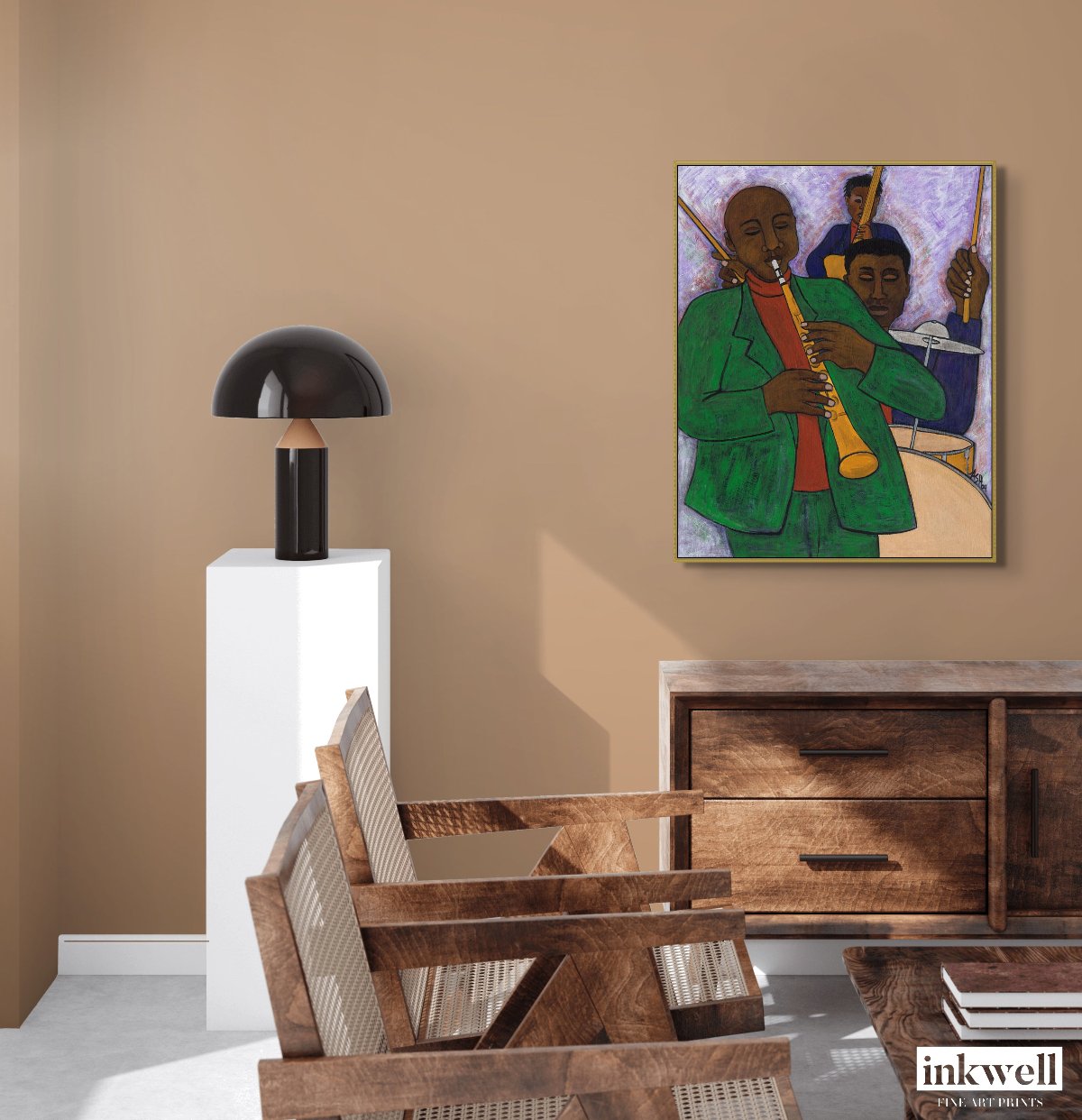 'The Three Musicians' framed stretched canvas print: Vibrant depiction of musicians in a jazz ensemble, with dynamic poses and warm colors, highlighted by an elegant frame.