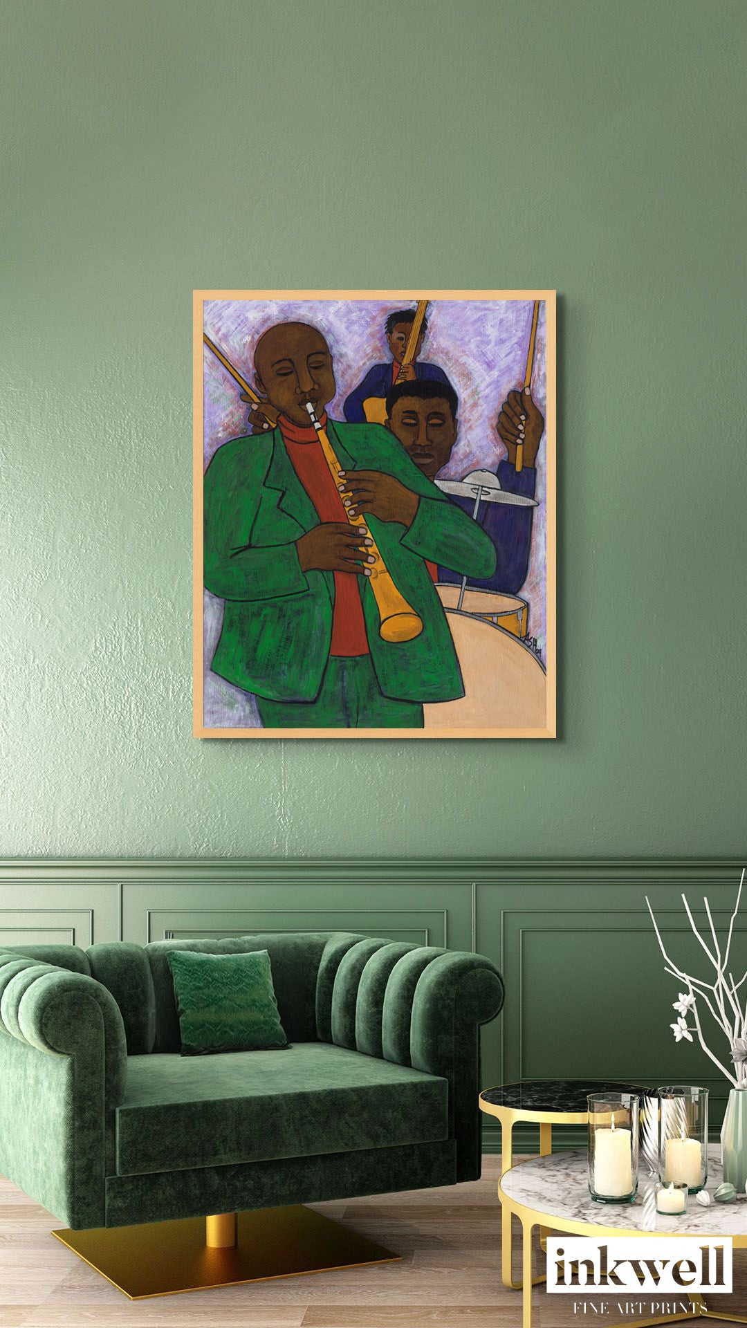 'The Three Musicians' art in frame: Jazz ensemble with colorful attire and expressive brushstrokes, highlighting the rhythm and improvisation of the scene, framed for elegance.