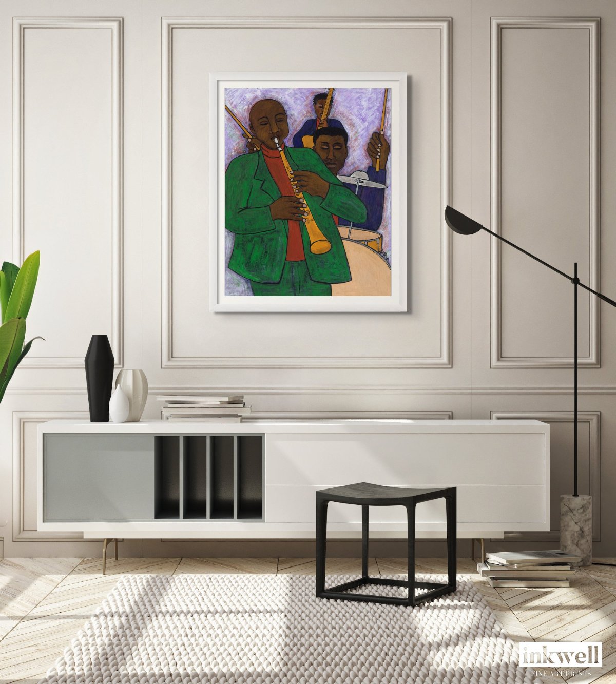 'The Three Musicians' framed art piece: Vibrant depiction of musicians in a jazz ensemble, with dynamic poses and warm colors, highlighted by an elegant frame.