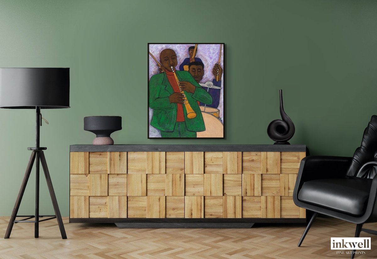 'The Three Musicians' stretched canvas in frame: Artistic representation of a jazz trio, with stylized figures and vivid colors against a lavender backdrop, beautifully framed.