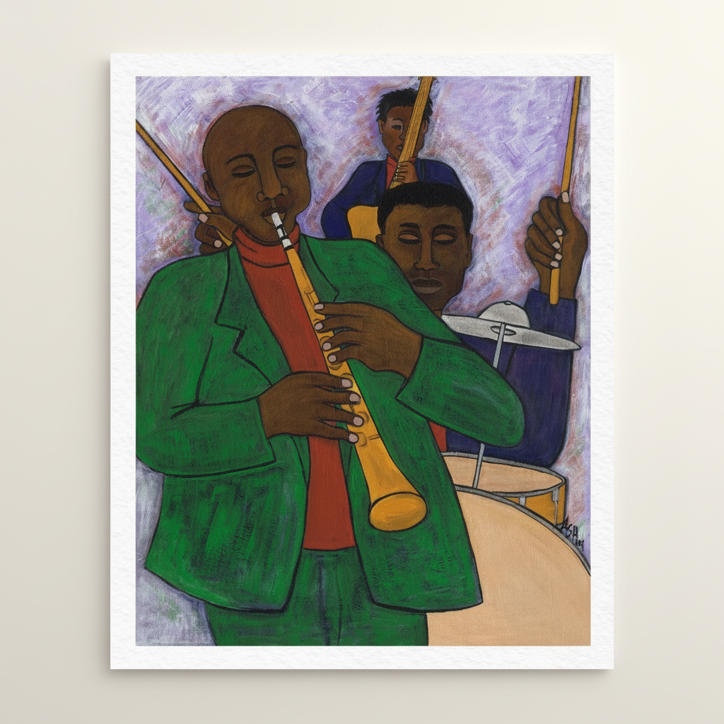 The Three Musicians framed giclee print — full artwork, Black jazz trio by Antionette Simmons Hodges