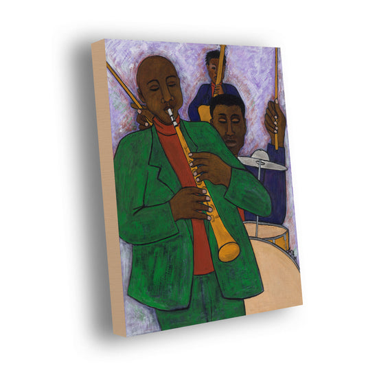 Stretched canvas print titled 'The Three Musicians' by Antionette Simmons Hodges. The artwork features three stylized figures playing jazz instruments: a central musician in green and red with a wind instrument, a figure in blue holding a drumstick, and a third musician grasping a cello. Set against a lavender backdrop, the piece uses elongated forms and warm color harmonies to capture the improvisational rhythm and energy of jazz, celebrating artistic expression and musical traditions.