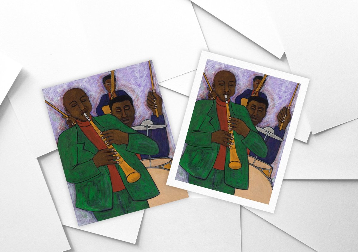 'the Three Musicians' fine art paper print: Vibrant depiction of three musicians playing jazz instruments, with elongated forms and warm colors against a lavender background.