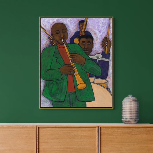 Black art print - The Three Musicians framed canvas print by Antionette Simmons Hodges. Features three stylized figures playing jazz instruments—a flute, drumstick, and cello—set against a lavender backdrop. Celebrates the rhythm and energy of jazz music.