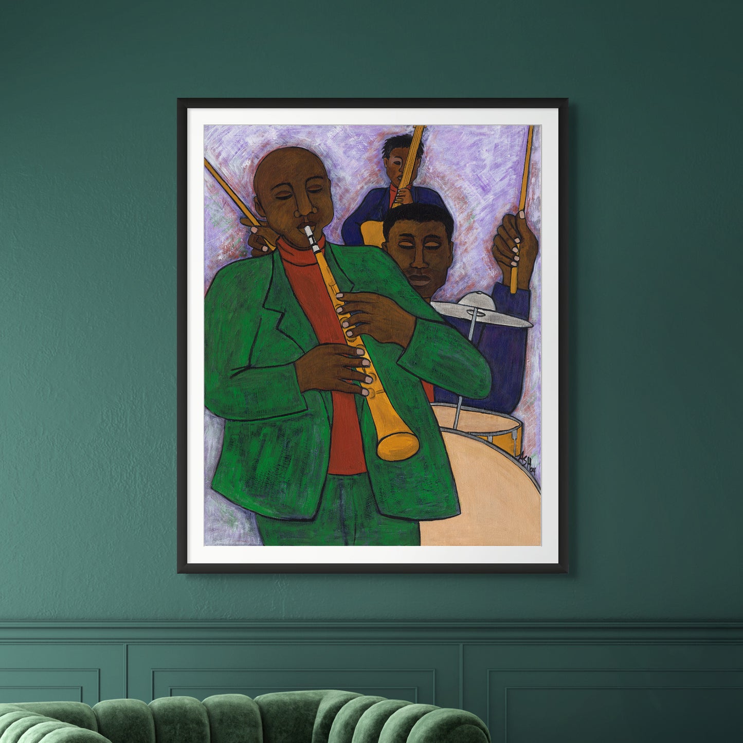 framed black art print titled The Three Musicians by Antionette Simmons Hodges.  shown in black wood frame with  white mat.