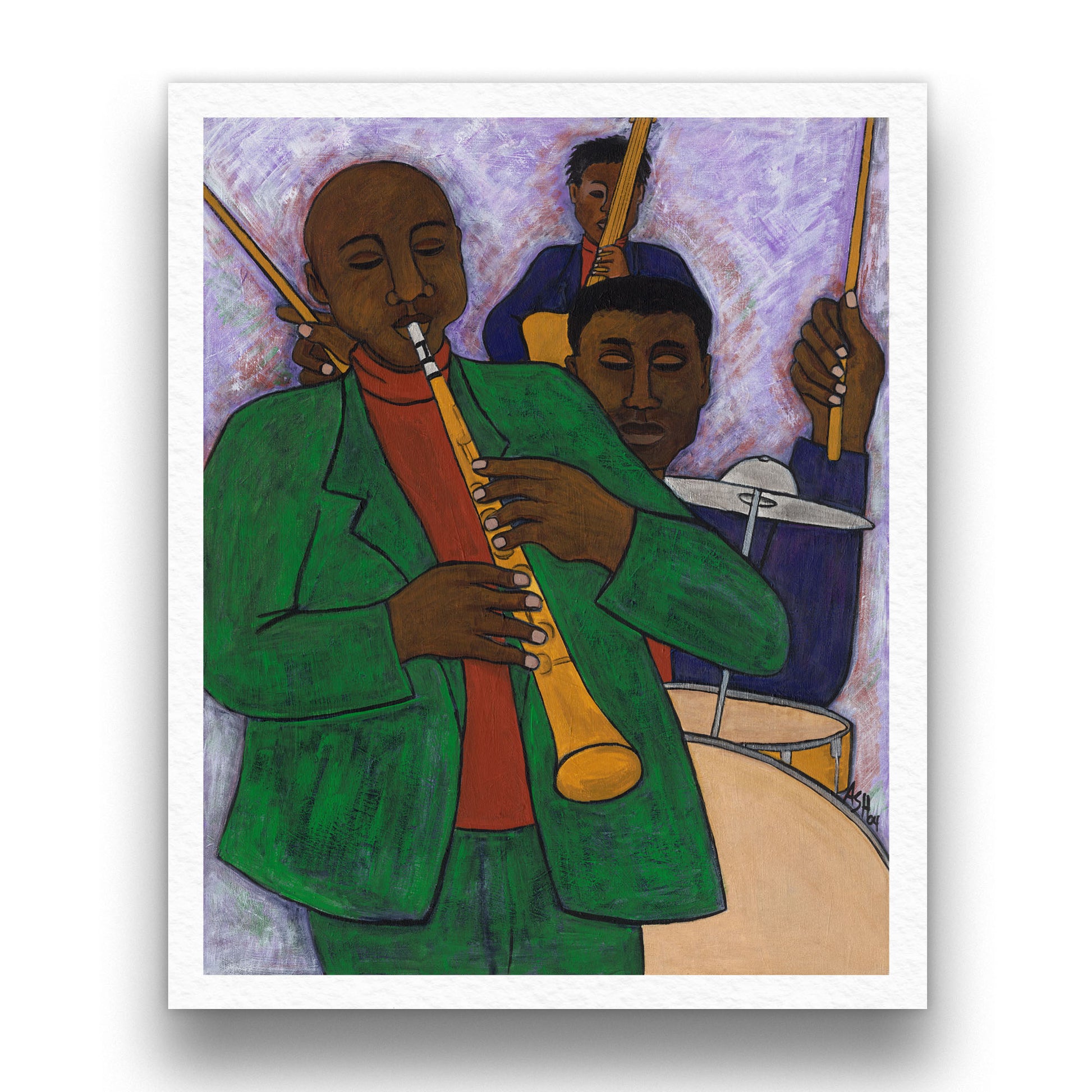 Black art print 'The Three Musicians' by Antionette Simmons Hodges. Features three stylized figures playing jazz instruments, with elongated forms and vibrant colors, set against a lavender backdrop, capturing the rhythm and energy of jazz.