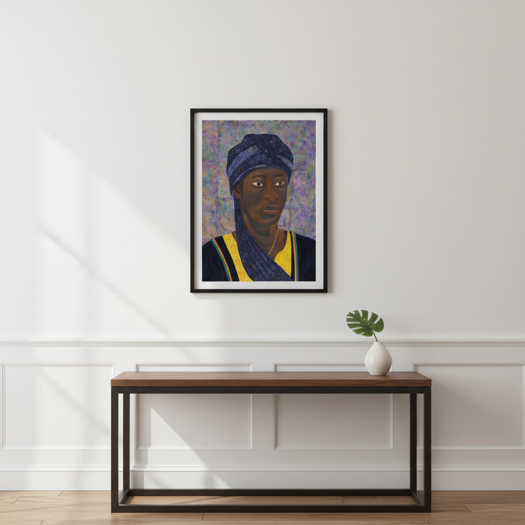 Framed artwork of an African man with a headscarf on a wall above a wooden console table.