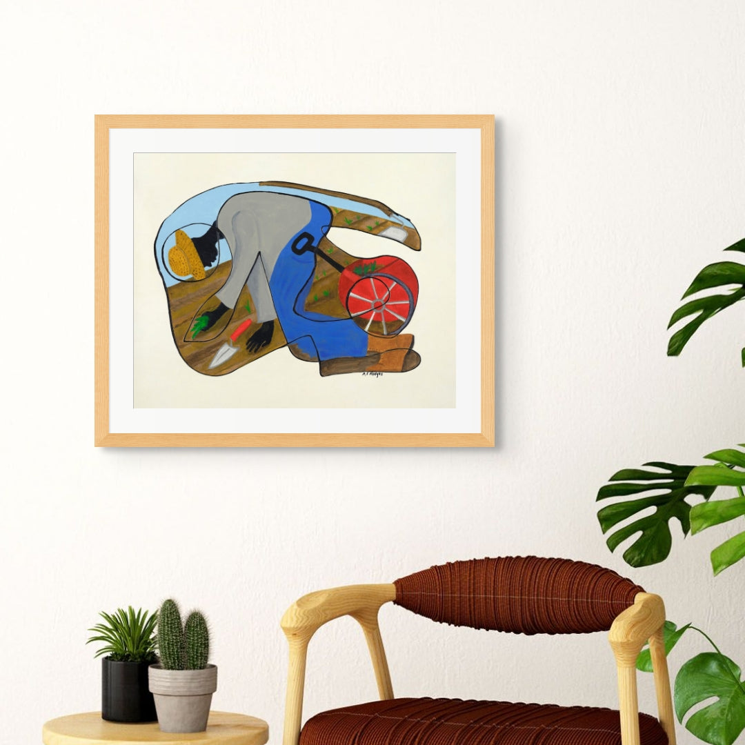 The Urban Gardener continuous line art print in black frame — Black community culture art by Antionette Simmons Hodges (1)