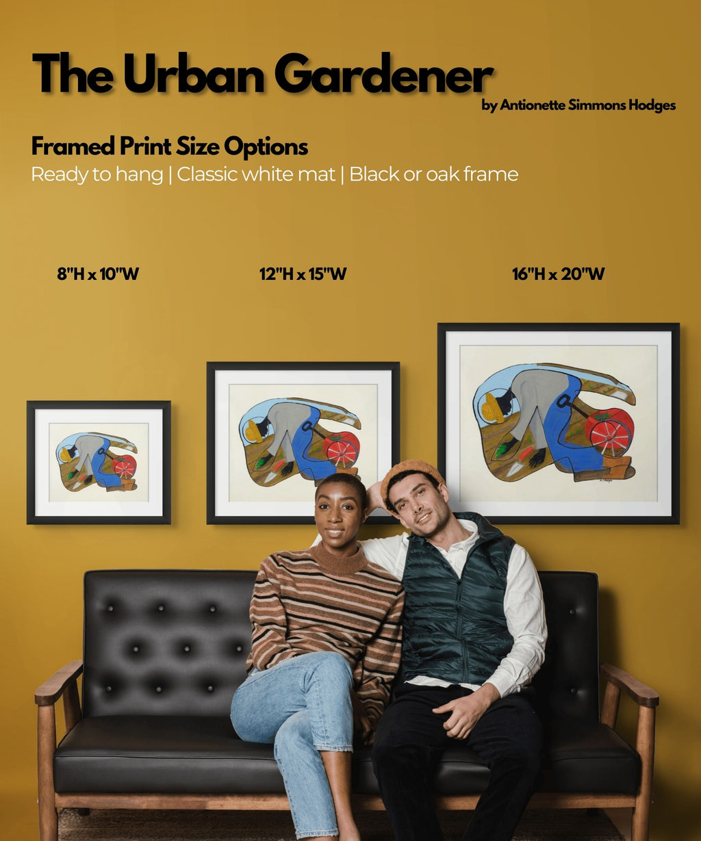 The Urban Gardener continuous line art print in black frame — Black community culture art by Antionette Simmons Hodges (5)
