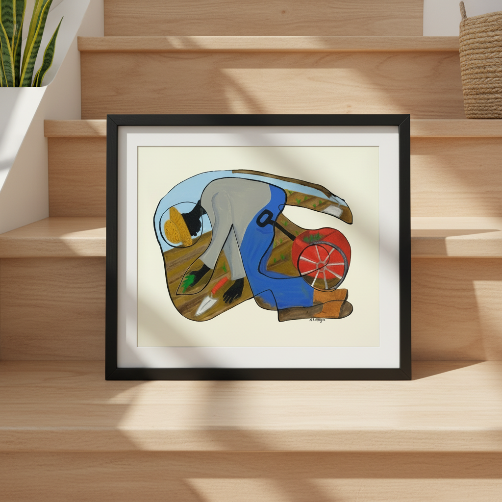 The Urban Gardener continuous line print in black frame on a staircase wall, close-up — Black community garden art