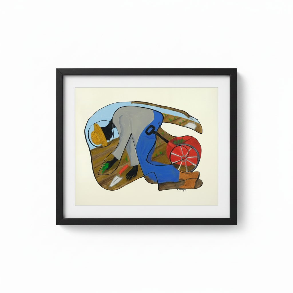 The Urban Gardener continuous line print in black frame, studio shot — Black community garden art