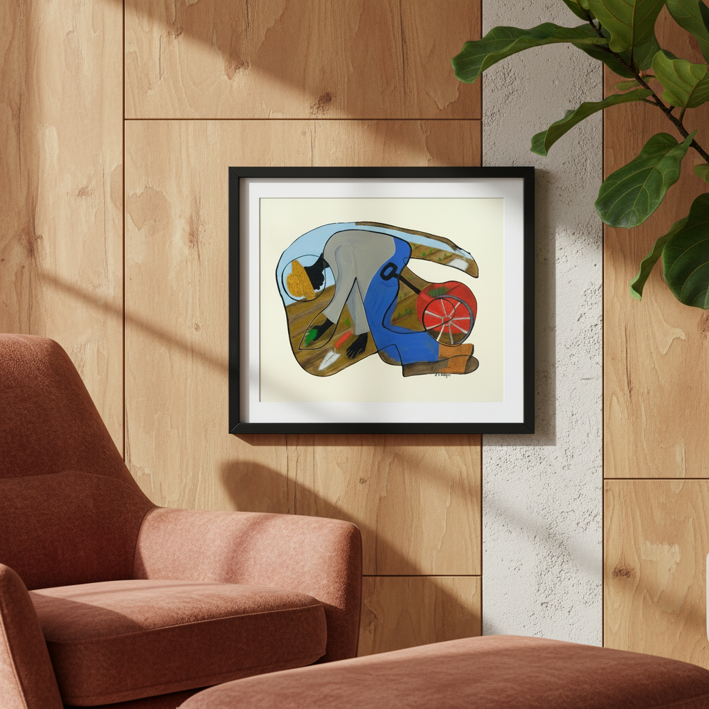 The Urban Gardener continuous line print in black frame hung on a wall, close-up — Black community garden art