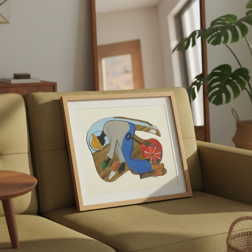 The Urban Gardener continuous line print above a mid-century modern sofa, close-up — Black community garden art