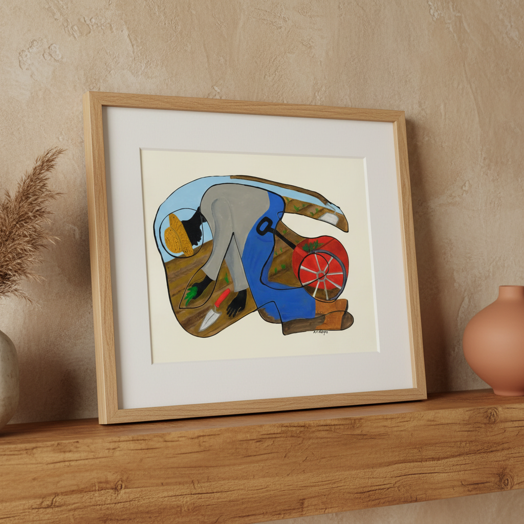 The Urban Gardener continuous line print in oak frame above a mantel, close-up — Black community garden art