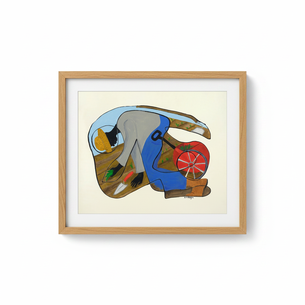 The Urban Gardener continuous line print in oak frame, studio shot — Black community garden art