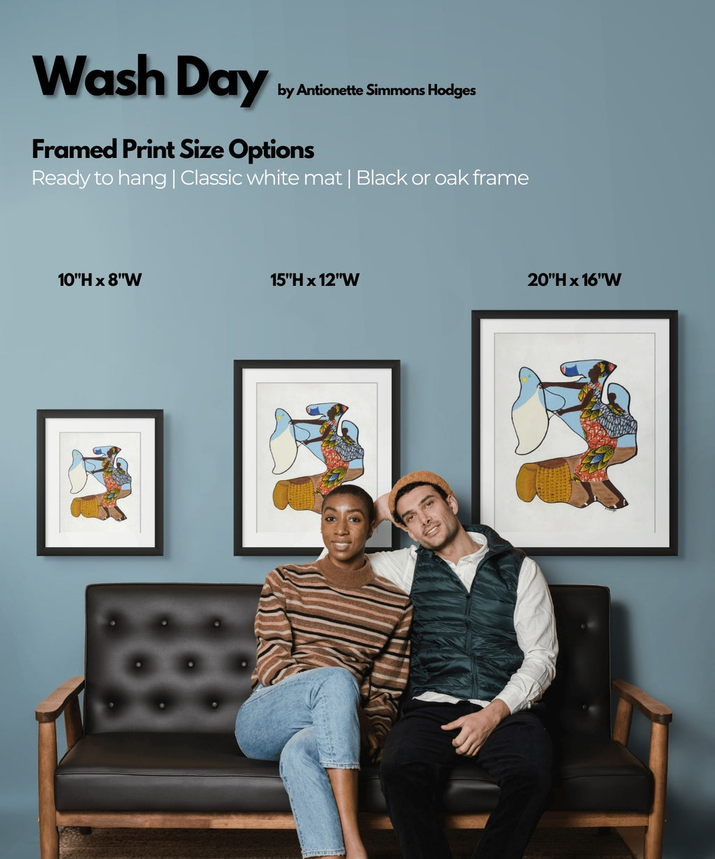 Wash Day continuous line art print in black frame — Black heritage art by Antionette Simmons Hodges (4)