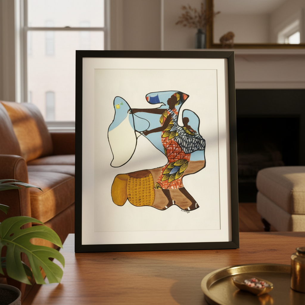 Wash Day continuous line print in black frame above a mantel, close-up — Black heritage art