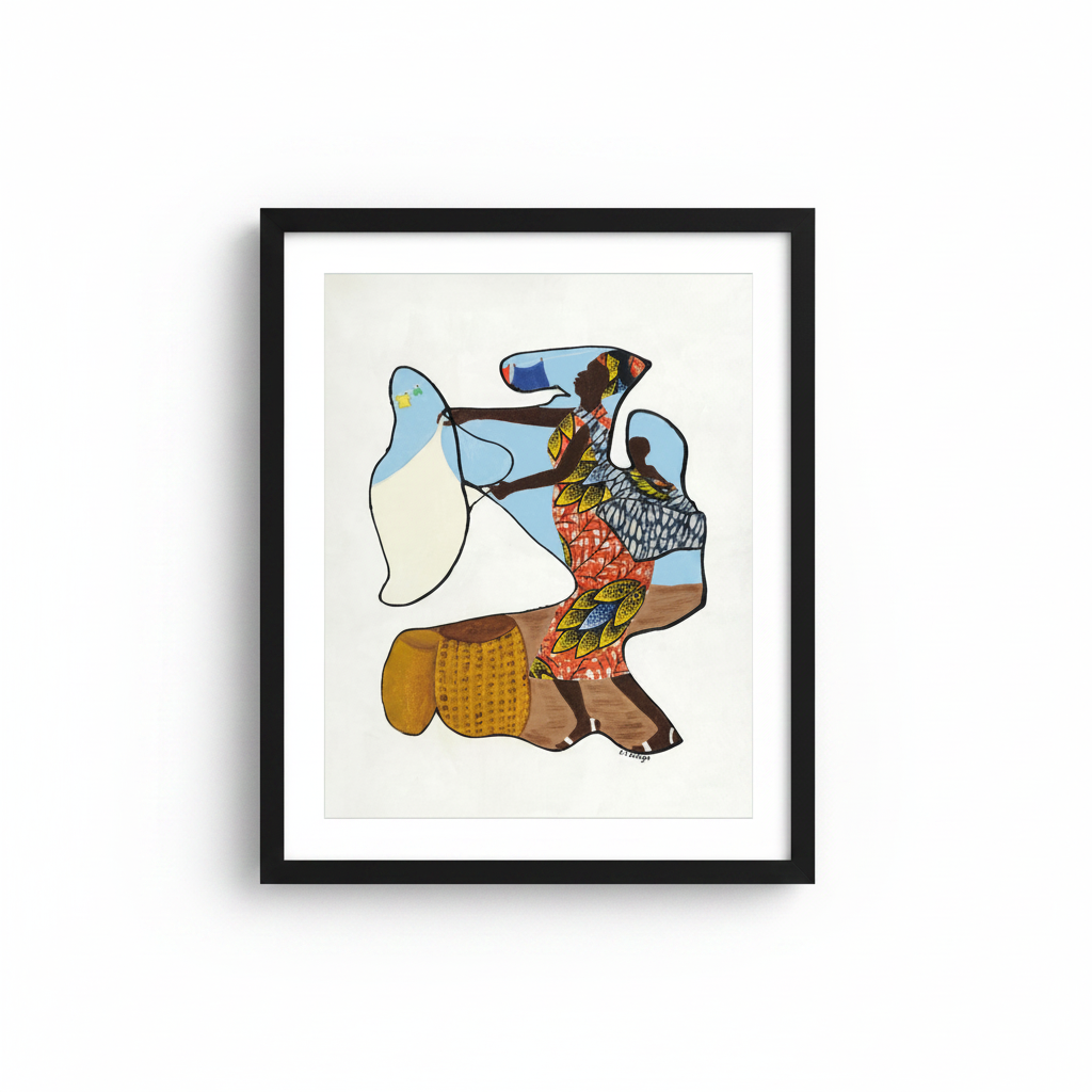 Wash Day continuous line print in black frame, studio shot — Black heritage art