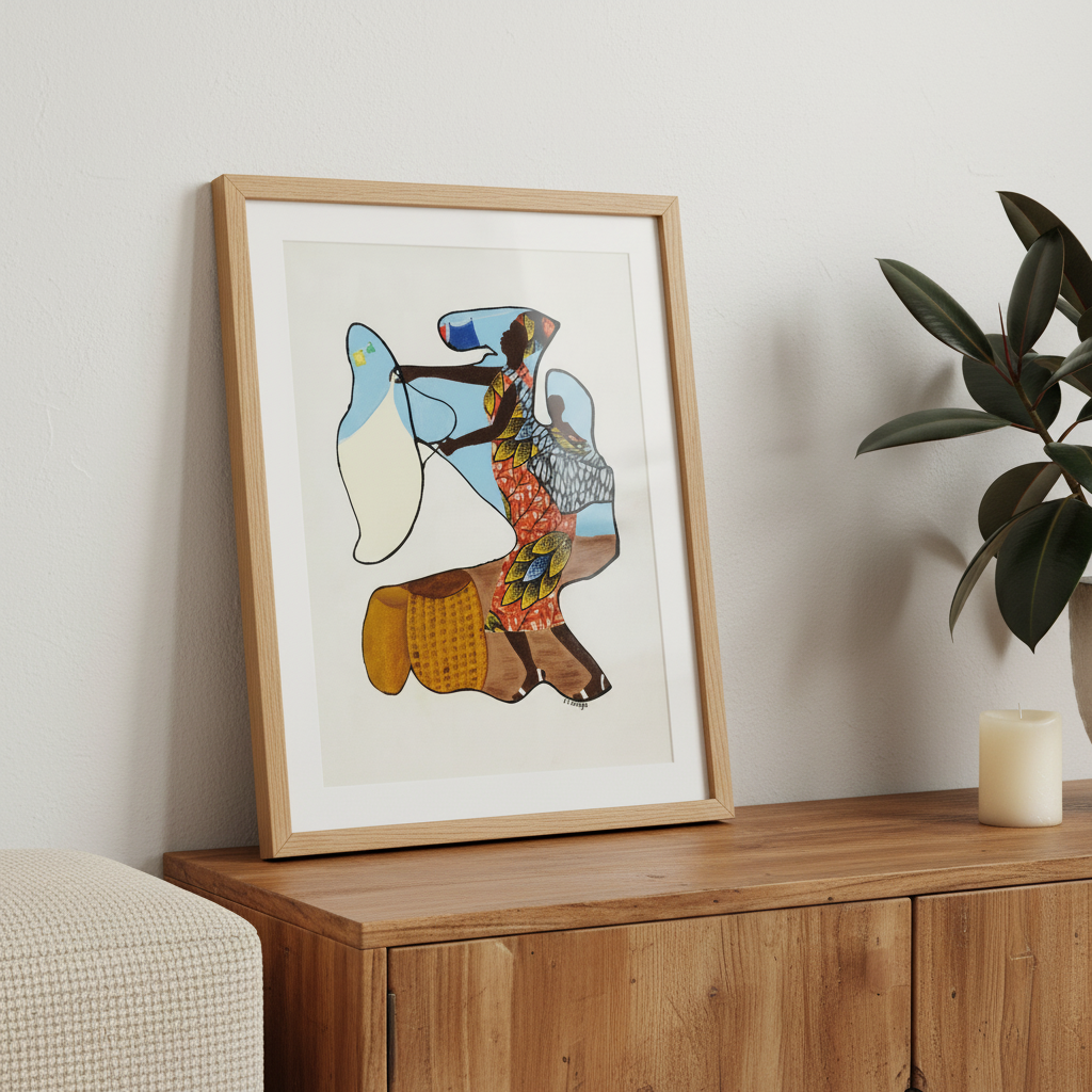 Wash Day continuous line print above a credenza in a boho-styled room, extreme close-up — Black heritage art