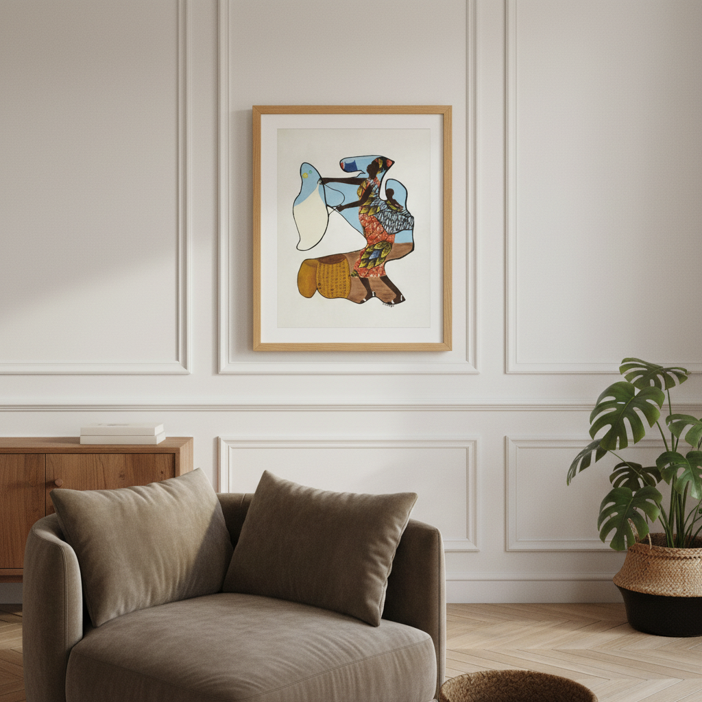 Wash Day continuous line print in oak frame on a wall, low angle view — Black heritage art