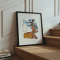 Wash Day continuous line print framed on a staircase wall, low angle view — Black heritage art