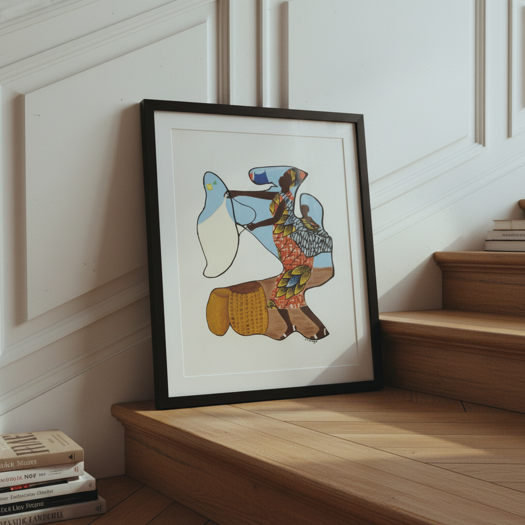 Wash Day continuous line print framed on a staircase wall, low angle view — Black heritage art