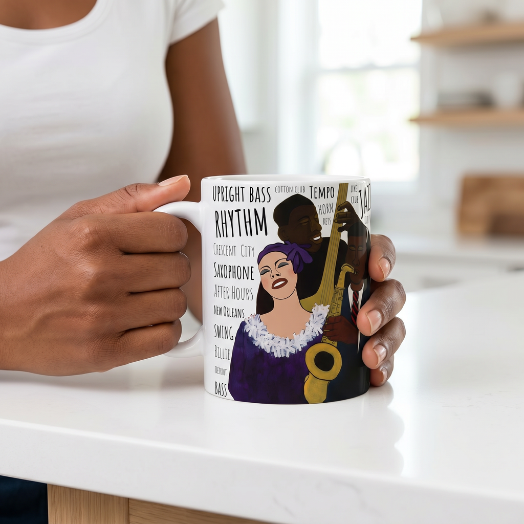 Battle of the Jazz Bands mug white colorway front view — Black art jazz ceramic coffee cup